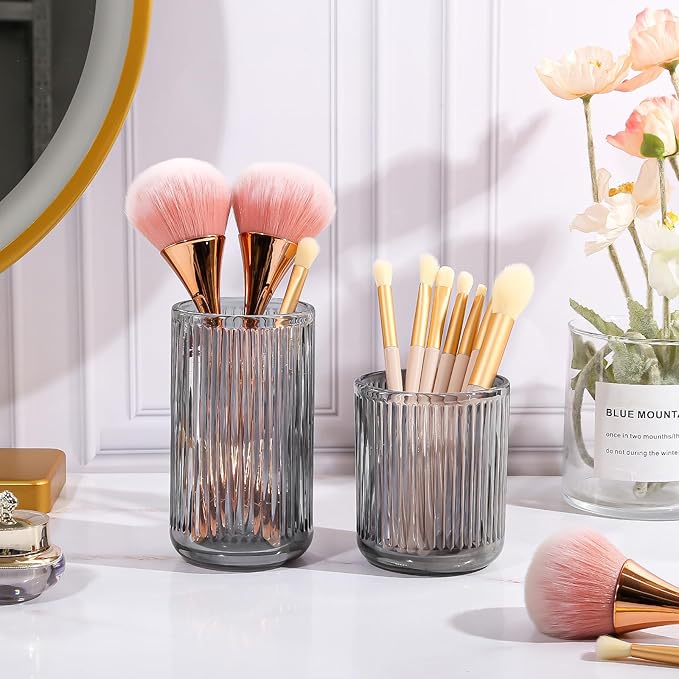 DASITON Makeup Brush Holder Organizer, Crystal Glass Makeup Brushes Storage Holder, Vintage Make Up Brush Cup for Vanity, Pen Pencil Holder for Desk, Toothbrush Holders for Bathroom (Grey S)