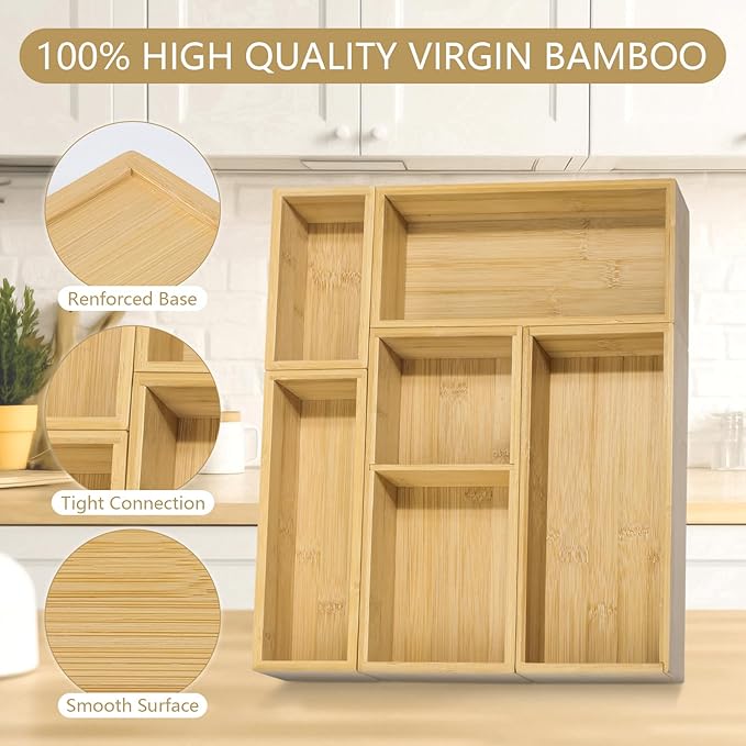 5 Pack Bamboo Drawer Organizer Set, Multi-Use Junk Drawer Organizer for Bathroom