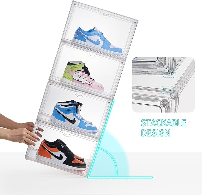 Sneaker Shoe Display Case,Shoe Box with Clear Magnetic Door,Thicken & Sturdy Organizer Containers Stackable,Fit Shoe Size Up to US 14 (X-Large) (X-Large)