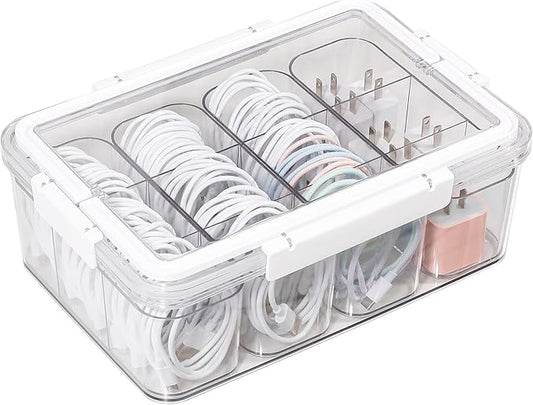 Large Cable Storage Box with Lid, Plastic Power Cords Organizer for Desk Drawer, Clear Home Office Container for Cell Phone Charger, Art Crafts and Stationery