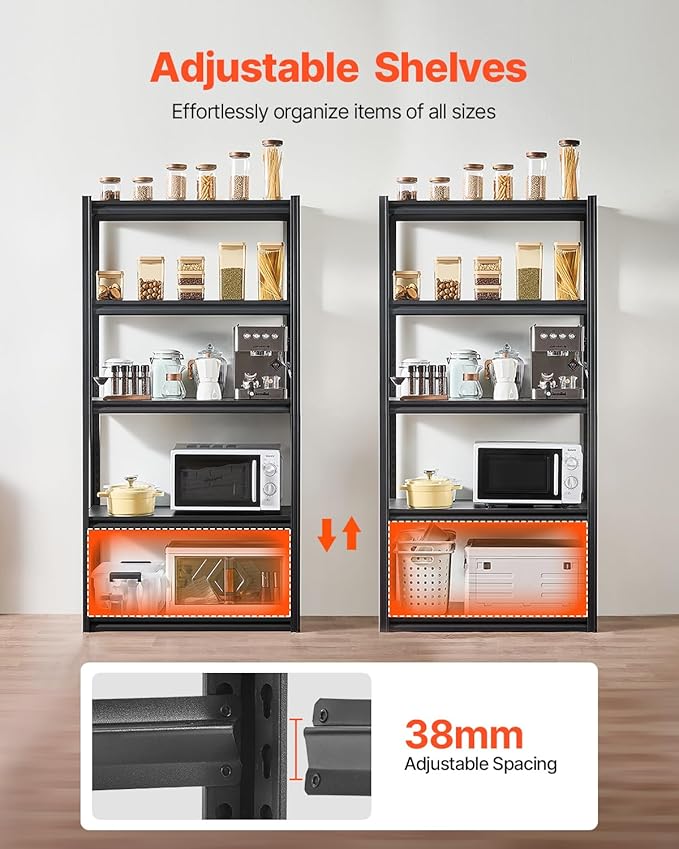 VEVOR Storage Shelves, 2000 lbs, 5 Tier Garage Storage Shelving, 18" D x 36" W x 72" H Adjustable Metal Shelves for Garage Shelves Utility Rack Shelf, Ideal for Kitchen, Warehouse, Basement, Black