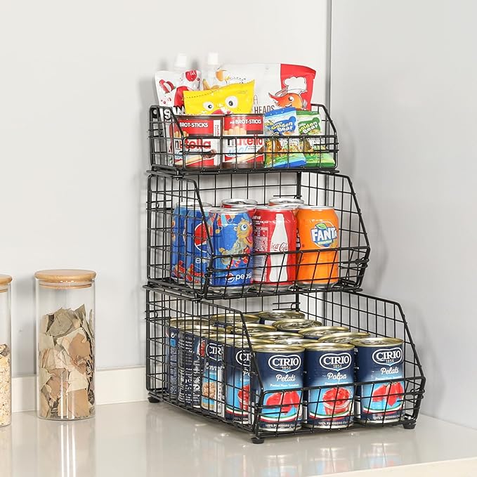 3-Tier Fruit Basket for Kitchen Counter, Stackable Wire Baskets Wall, Potato and Onion Storage Bins, Pantry Organizers, Pantry Storge and Storage for Potato, Onion, Produce, Fruit, Vegetable, Snack
