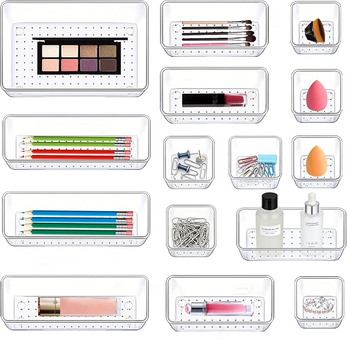 27 Pack Clear Plastic Drawer Organizer Set - 4 Sizes Makeup Vanity Organizer Chest of Drawers Storage Stackable Organizers Bins Divider Box for kitchens, Bedrooms, Bathrooms, Offices, Junk, Gadgets