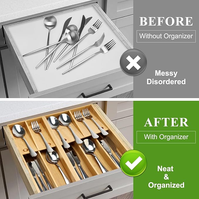 Small Bamboo Silverware Organizer for Drawer Utensil Tray Wood Cutlery Organizer