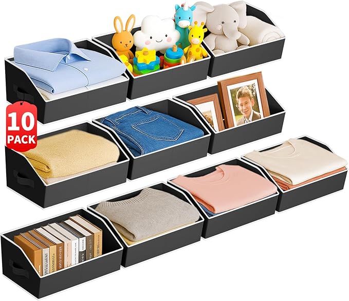 Homsorout Large Closet Organizers and Storage Bins - 10 Pack Trapezoid Storage Baskets for Shelves, Foldable Fabric Baskets with Handles Ideal for Closet, Basket, Wardrobe and Shelf Storage, Black