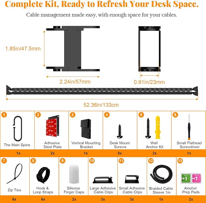Standing Desk Cable Management Spine - Under Desk Cable Management Snake with Magnetic Mount, Flexible PA66 Nylon Vertebrae Cord Organizer Raceway, Adjustable Length for Office, Gaming, Sit-Stand Desk