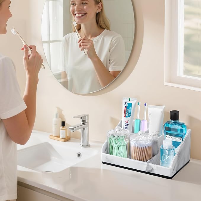TuCao Marble Bathroom Countertop Organizer, Toothbrush Holders for Bathroom with 2PCS Qtip Holder Dispenser and Toothpaste Holder Drainage for Bathroom Accessories Organization Counter Vanity Storage