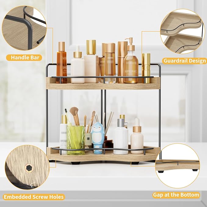 2-Tier Corner Bathroom Counter Organizers, Stable Wood Vanity Shelf for Perfume, Skincare & Makeup, Larger Size Countertop Organizer and Storage for Bathroom, Kitchen and Dresser(Light Brown)
