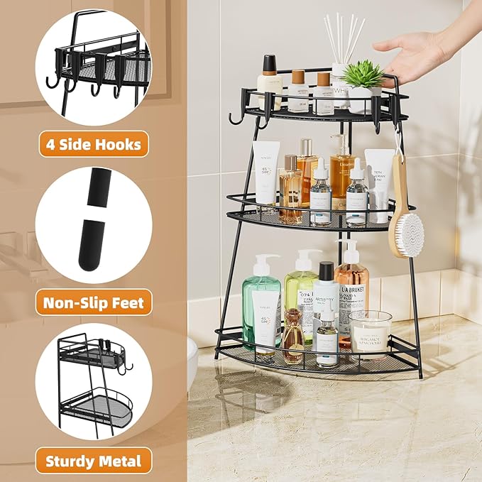 VITVITI 3 Tier Corner Bathroom Counter Organizer, Metal Bathroom Countertop Organizer Shelf Storage, Bath Room Sink Makeup Organizers for Vanity Skincare with Hooks, Black