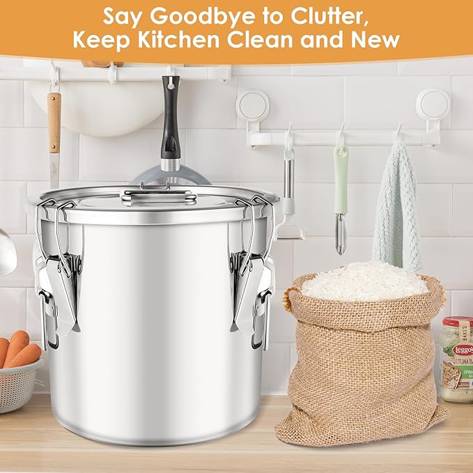 304 Stainless Steel Food Containers with Lids,12L/20LBS Airtight Food Storage Containers with Lock Clips for Flour Rice Sugar Coffee Bean,Stainless Steel Food Storage Containers for Kitchen