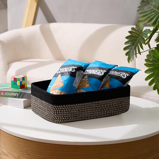 MiniArk Large Shallow Organizing Baskets 15x11x5.1 Inches - Rope Woven Storage Bins for Bathroom, Shelves, Cube Closet, Black Woven Brown 4 Packs