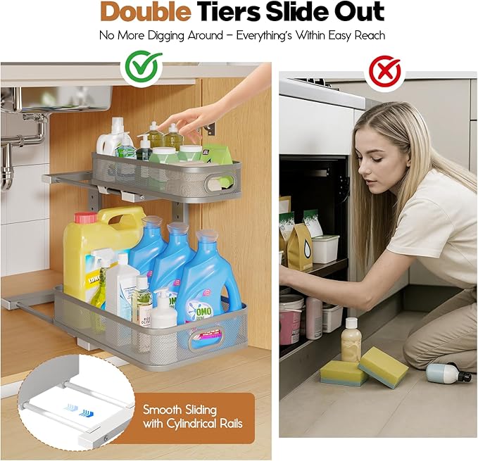 2 Pack 17.3IN-Depth Under Sink Organizer with Smooth Cylindrical Rail,2-Tier Pull Out Multi-Purpose Cabinet Storage for Bathroom&Kitchen,Height Adjustable,Rust-Resistant Coating-Gun Gray