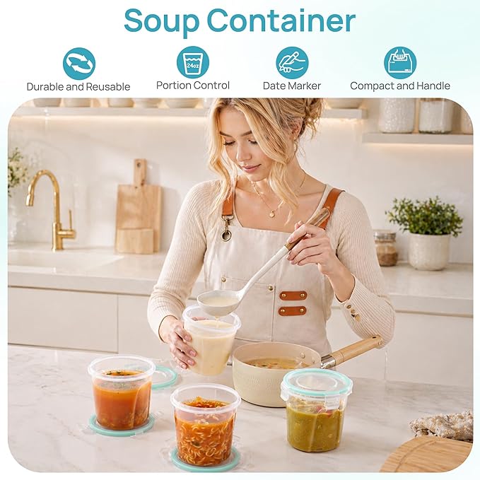 Vtopmart 12 Pack 24oz Soup Containers with Airtight Lids, Deli Containers for Take-out, Plastic Food Freezer Storage Containers for Meal Prep, Salad, Fruit, Lunch, Microwave/Dishwasher/Freezer Safe