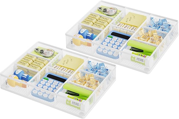 Marbrasse 2P Desk Drawer Organizer, Metal Mesh Drawer Organizer Tray with 5 Adjustable Compartments,Desk Organizers and Accessories for Home,Office,Kitchen,Makeup,Vanity (White)