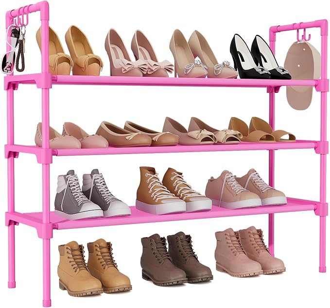 3 Tier Shoe Rack for Closet, Shoe Organizer with 5 Hooks, Pink