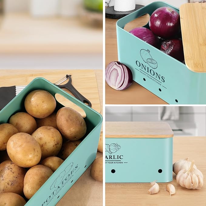 Kitchen Vegetable Storage Set of 3, Metal Onion Garlic Potato Storage Set, Kitchen Canisters Vegetable Keeper Containers with Aerating Holes and Wooden Lid (Blue)