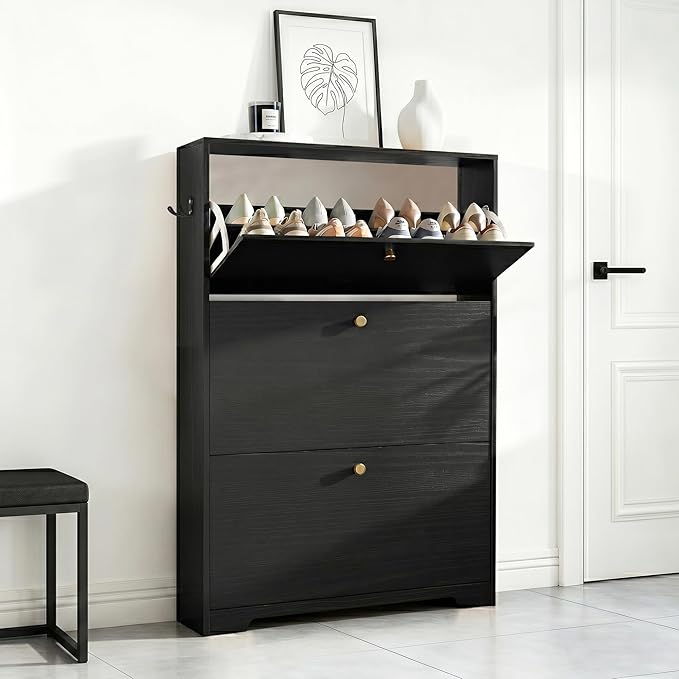 Nicetree Shoe Cabinet with 3 Flip Drawers, Narrow Shoe Organizer Cabinet, Freestanding Shoe Rack Cabinet, Modern Shoe Storage Cabinet for Entryway, Hallway, Foyer, Black with Hook