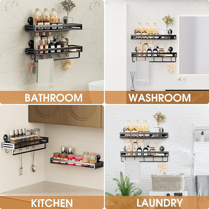 Suction Cup Shower Caddy, 15.7 inch Extended Version, with 5 Hooks & Towel Rrack, No Drilling Required, Rust-Resistant Bathroom Shower Organizer, Black