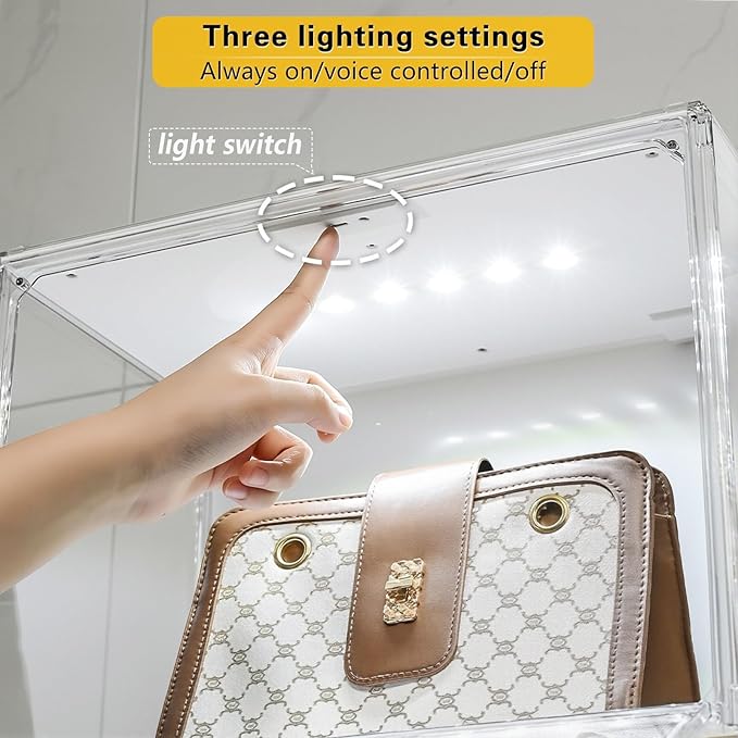 GUDEMAY Clear Acrylic Display Case with Light, Dustproof Stackable Showcase for Collectibles, Figures, Shoes, Toys & Jewelry - Plastic Storage Bins Support Voice Control Lighting