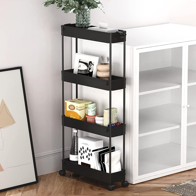 Slim Storage Cart 4 Tier, Bathroom Organizer Rolling Utility, Black