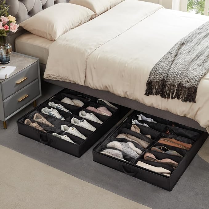 Lifewit Under Bed Shoe Storage Organizer 2 Pack(16 Shoes Cells), 4.3 Inches Profile Fabric Shoes Container Box with Clear Cover, Foldable Storage Bag with 2 Handles, Fits 16 to 32 Pairs