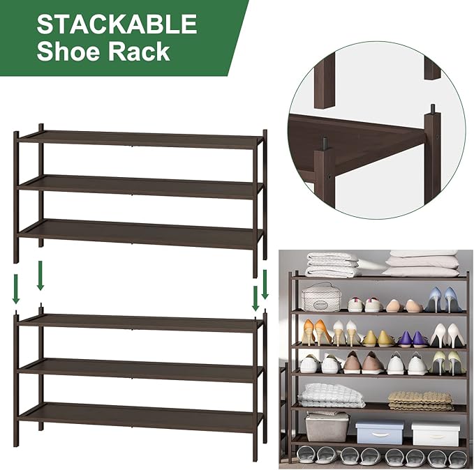 kiplant 3-Tier Long Shoe Rack, Bamboo Wood Shoe Rack for Entryway, Stackable | Foldable | Natural, Shoe Organizer for Hallway Closet, Free Standing Shoe Racks for Indoor Outdoor