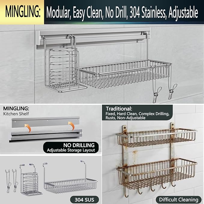 Adhesive Shower Caddy, Shower Organizer with Sliding Rail