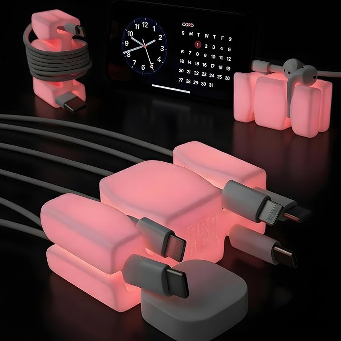 CordBrick Glowing Silicone + Steel Weighted Cable Holder for Nighstand, Cord Wrap for Travel, Unique iPhone Accessory. Small Graduation Gift for High Schoolers. Gadget for Teens. Pink Glow