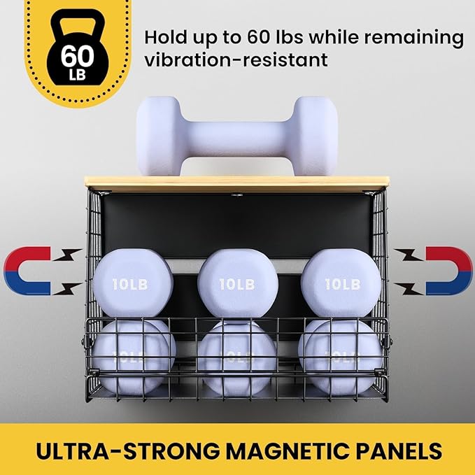 [WIDER SHELF] 2 SET Strong Magnetic Shelf Basket for Fridge with Tag & Bamboo Top, XXL Large Magnetic Spice Rack Shelves for Side of Refrigerator, Kitchen Pantry Storage Organizer for Food Fruit Veg