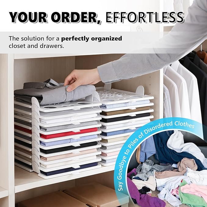 Accenter 10Pc Stackable Closet Organizer & Shirt Folder Board Bundle Tshirt Organizer for Closet Organizers and Storage Clothes Folding Board for Closet Storage Suitable for Lightweight Clothing White