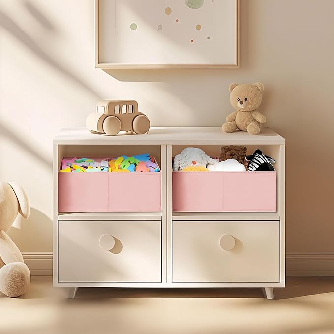 Large Closet Shelf Organizer Bins 4 Packs with Handles and Divider, Pink