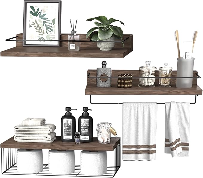 PopiShelves 22.5 inches Bathroom Shelves Over Toilet for Wall, Floating Shelves with Storage Basket Paper Holer for Kitchen Living Room, Bedroom & Classroom, Set of 3 (Dark Brown)