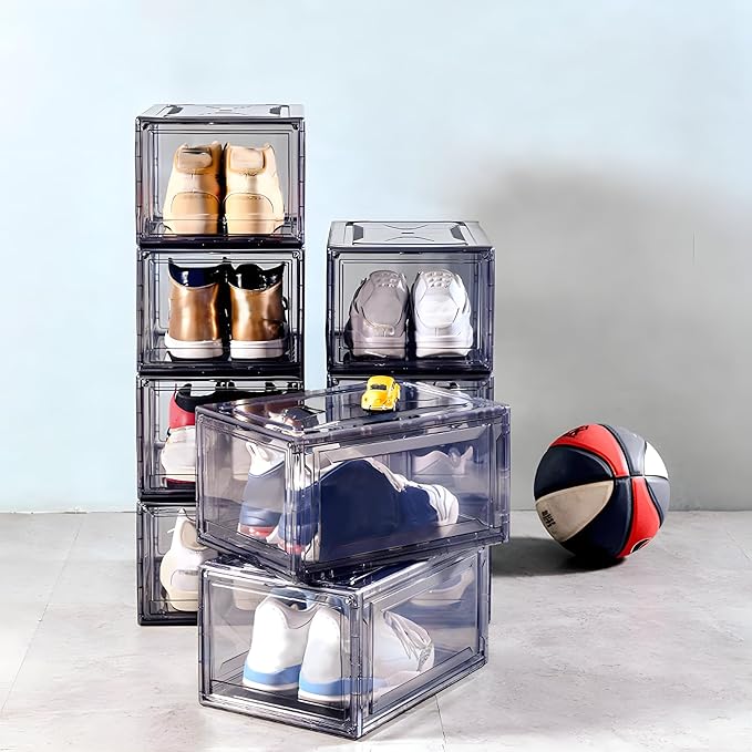 12 Pack Acrylic Clear Shoe Boxes– Ultra Clear Plastic Stackable Sneaker Storage For Sneakerhead. Professional Grade Shoe Display Case with Magnetic Door .Boots and Hat Organizer.Fits US Size 15