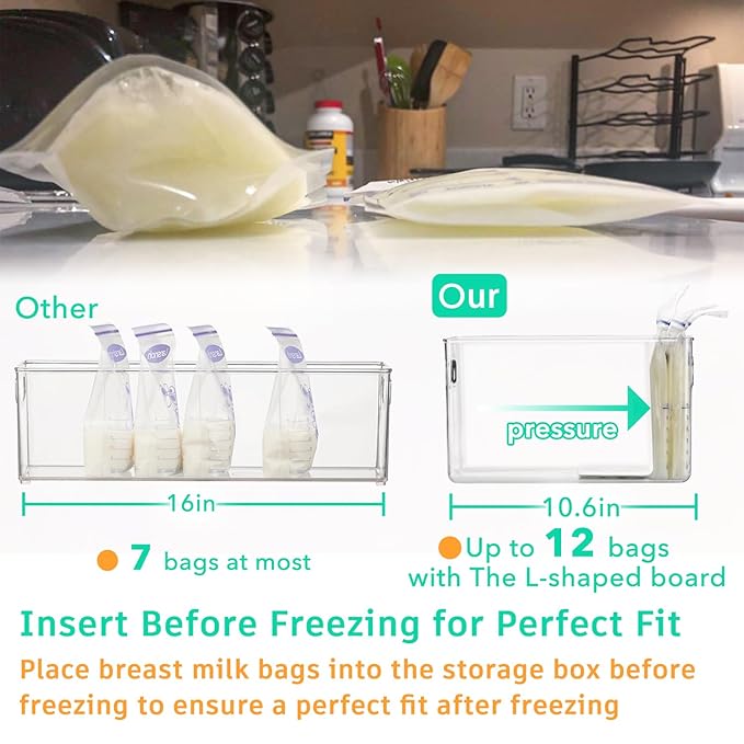 Breastmilk Storage Container with L Shaped Dividers to Flatten Standing Breast Milk Bags in Organizer Bins Save Refrigerator Space | 2 Containers with Removable Separator Boards - Green