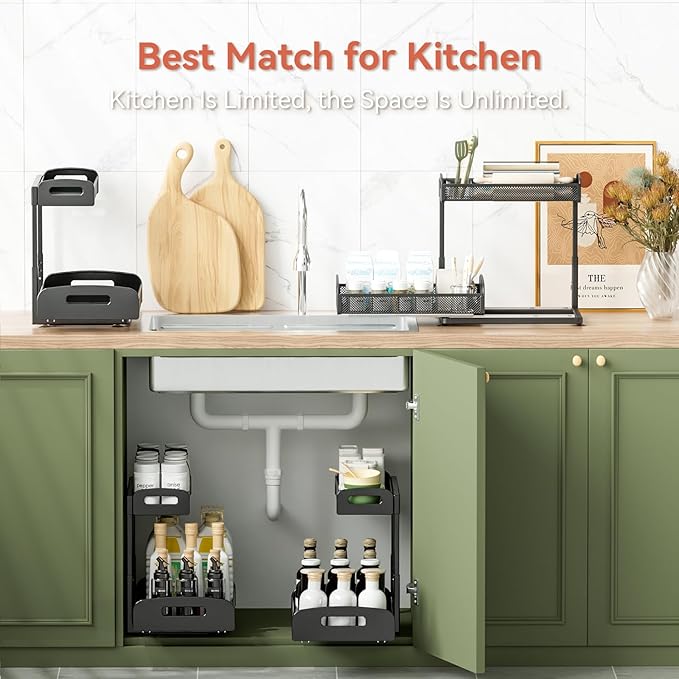 2 Pack Under Sink Organizer, 2 Tier Height Adjustable Kitchen Cabinet Organizer