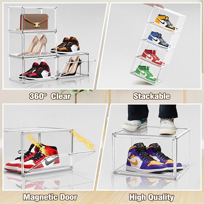 Clear Shoe Boxes Stackable, 10.6'' Tall Sneaker Storage Boxes for High Top Shoes, Magnetic Side Door Shoe Organizer Clear Plastic Shoe Containers for Closet Display, 1 Pack