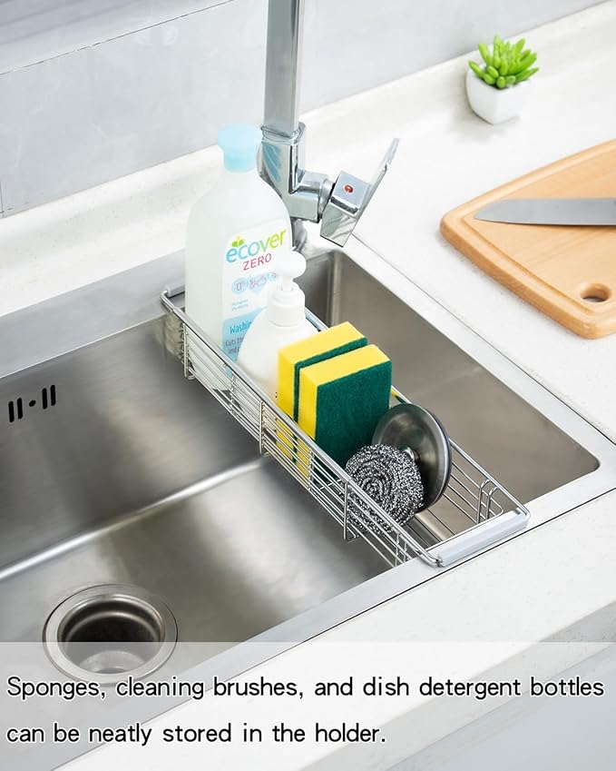 Expandable Kitchen Sink Caddy, 304 Stainless Steel Over the Sink Sponge Holder, Adjustable Drain Rack Organizer for Sponges, Brushes, Dish Soap, Rustproof & Quick-Dry