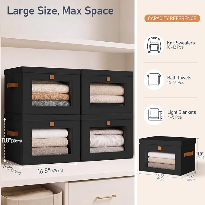 DIMJ Storage Bins with Lids - 4 Pack Front Opening Stackable Fabric Storage Boxes with Clear Window & Handles, Collapsible Closet Organizers for Clothes, Sweaters, Shelf Storage, Bedroom, Black