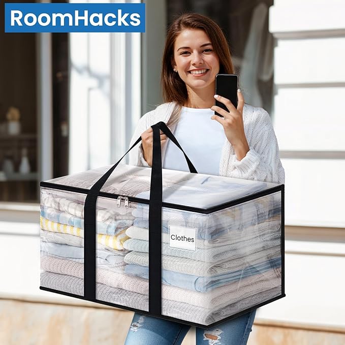 RoomHacks Clear Heavy Duty Extra Large Moving Bags, Reinforced Handle and Double Zipper Storage Bags, Packing Bags Alternative (2 Packs)