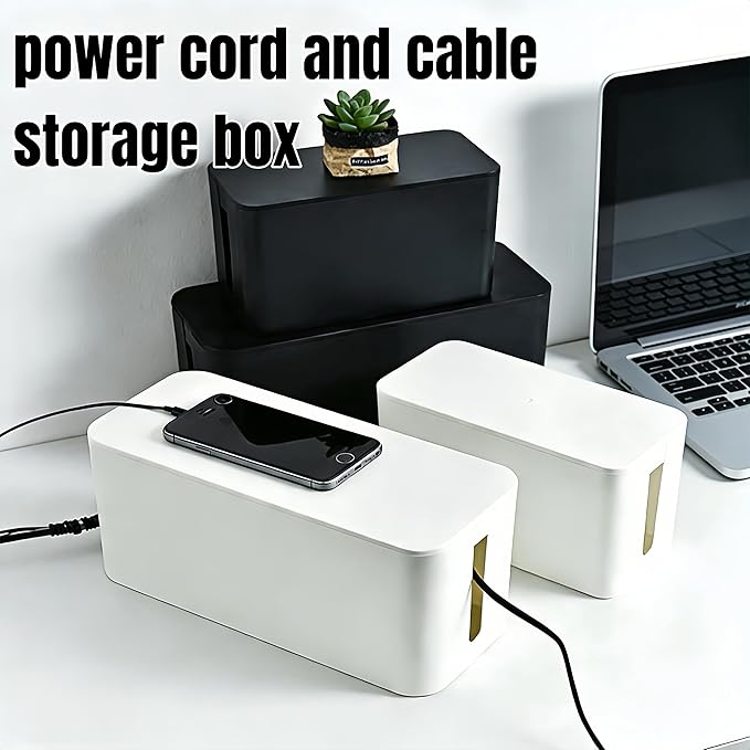 1Large+1Small Cable Organizer Set with 4 Silicone Cable Ties, 2-Piece Cable Management Box, Acrylic Lid Cord Organizer for Home Office,Set of Two Cable Box,Cable Organizer Box(Acryliclid lid/Black)