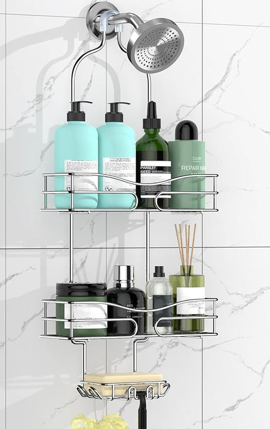 Shower Caddy, Organizer with 6 Hooks, Soap Basket & Self-Adhesive Pad, Silver