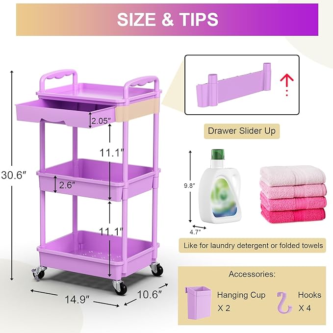 Goovilla 3 Tier Rolling Utility Cart Organizer with Removable Drawer, Stable and Sturdy Purple Rolling Storage Carts with 2 Lockable Wheels for Bathroom, Kitchen, Snack, Craft, Makeup, Baby Essentials