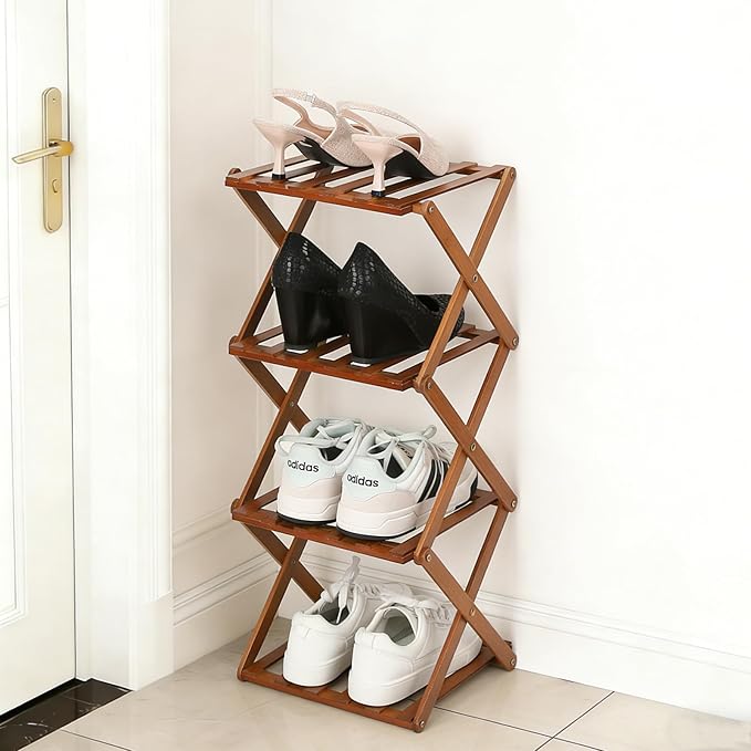 Bamboo Shoe Rack 4 Tier Foldable Shoe Rack Vertical Bamboo Shoe Organizer Free Standing Shelf for Entryway, Closet, Bedroom, Walnut Color