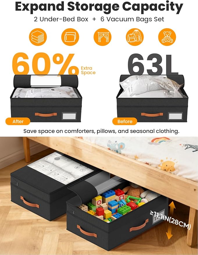 TOSKING 2-Pack Under Bed Storage Drawers with Wheels, 6 Vacuum Bags, Adjustable Height 7.9-10.2", 63L/80 lbs Clear Lid Rolling Bin, 900D Oxford, Space Saver for Dorm Bedroom Clothes Shoes, Black