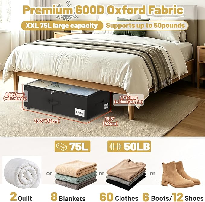 Under Bed Storage with Wheels, 28.3 X 16.5 X 9.5 in