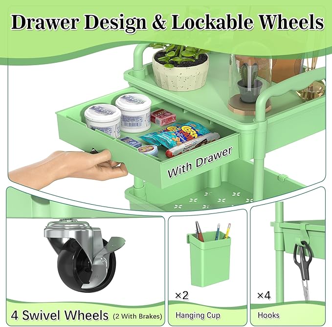 SUNALLY 3-Tier Rolling Cart with Drawer & Lockable Wheels, Bathroom Storage Organizer Multifunctional Rolling Storage Cart for Bathroom, Kitchen, Office, Craft, Makeup, Baby Essentials, Green