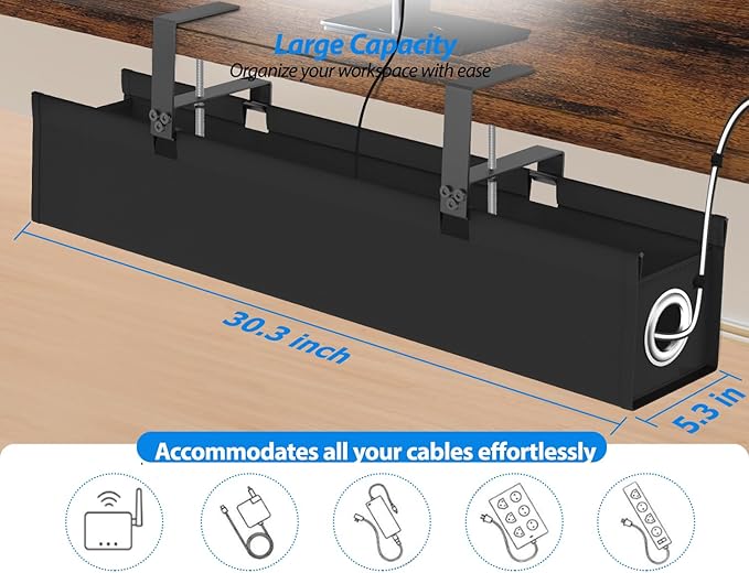 [Upgraded] Large Under Desk Cable Management Tray No Drill, Suolaao 30" Cord Organizer with Oxford Fabric, Clamp Mount, Holds 30 lbs, Large Cable Rack for Gaming & Home Office Standing Desk