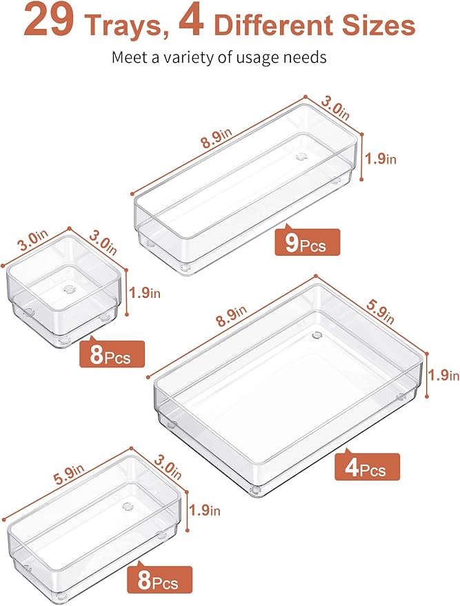 29-Piece Drawer Organizer with Non-Slip Silicone Pads
