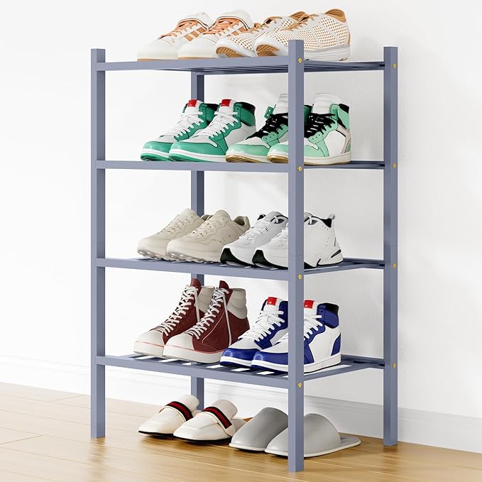 Smiry Small Bamboo Shoe Rack, 4 Tier Free Standing Wooden Shoe Organizer, Stackable Wood Shoe Storage Shelf for Closet, Entryway, 12 Vertical Slats, 2+2 Stack Standard Legs, 17.3"x11"x26", Grey