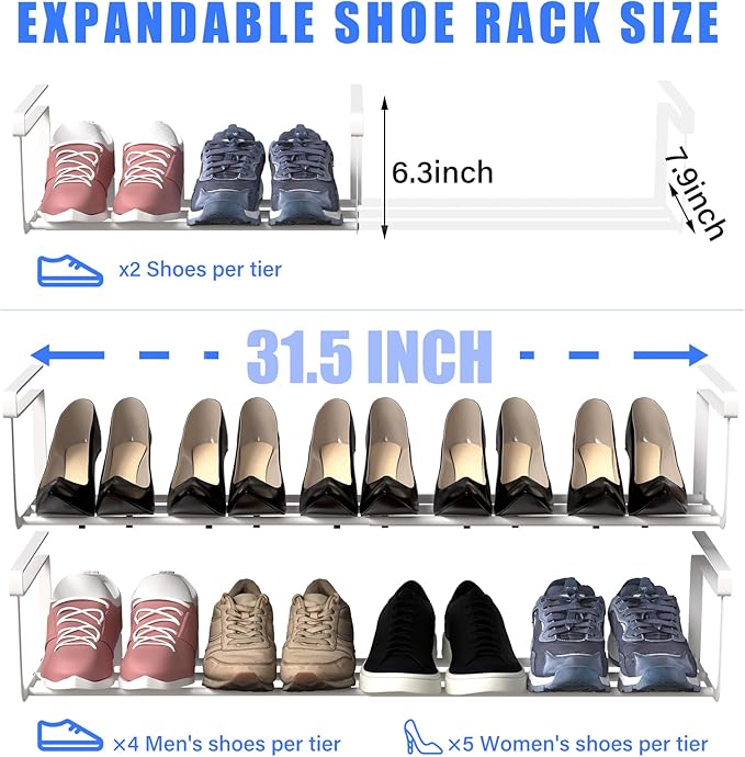 CroBlissful 1 Pcs Expandable Shoe Rack Organizer for Closet 16.5-31.5 Inch Adjustable Retractable Hanging Cabinet Shoe Shelf Dorm Room Storage for Space Saving (White)